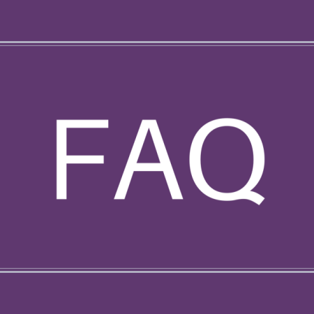 White text on purple background reads 'FAQ'